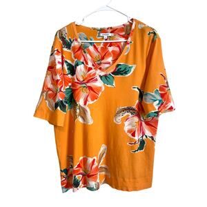 Chico's Short Sleeve Cotton V-Neck Knit Top Orange Floral 3/XL Tropical Resort